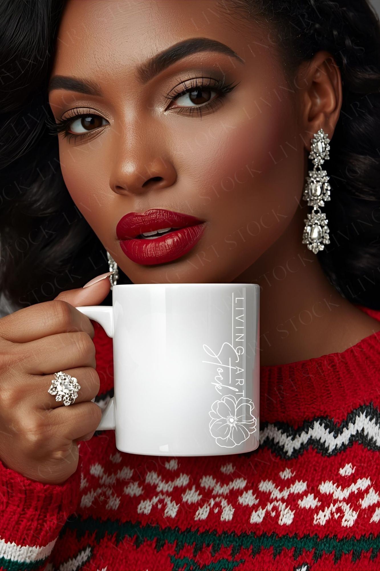 Glamorous black woman wearing diamonds, Christmas sweater and holding a blank white 11 oz mug
