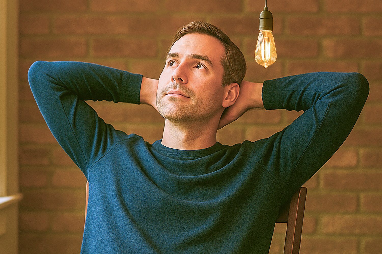 A person sitting near a window with light falling across their notebook, pausing mid-thought, symbolizing the moment of noticing differently, from The Creative Guide’s Boost Creative Thinking Course.