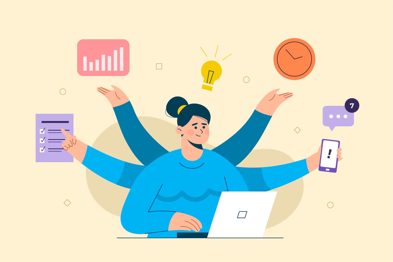 Mujer multitarea frente al ordenador sosteniendo documentos, móvil y reloj mientras trabaja