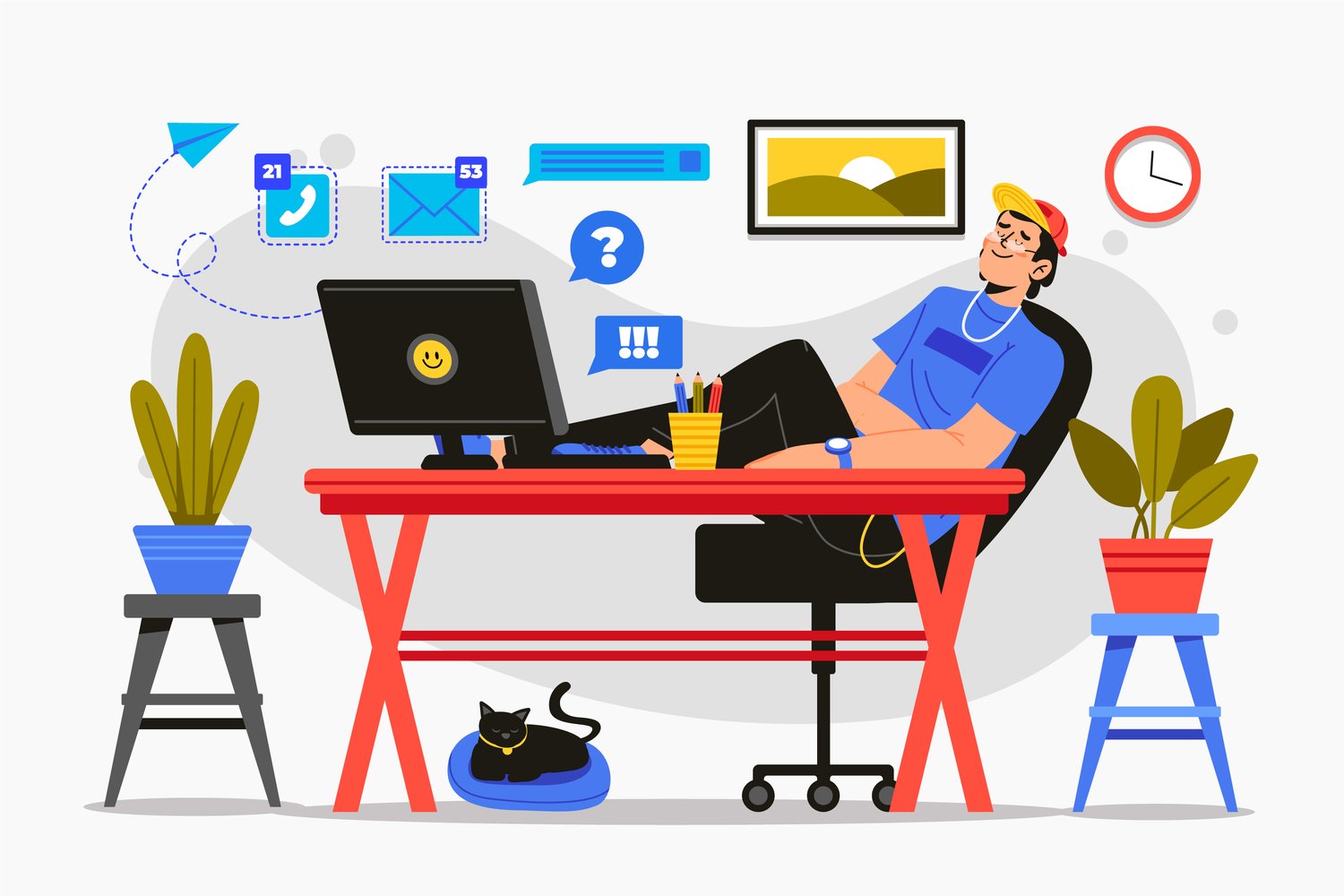 Persona relajada frente al ordenador con notificaciones pendientes y un gato descansando
