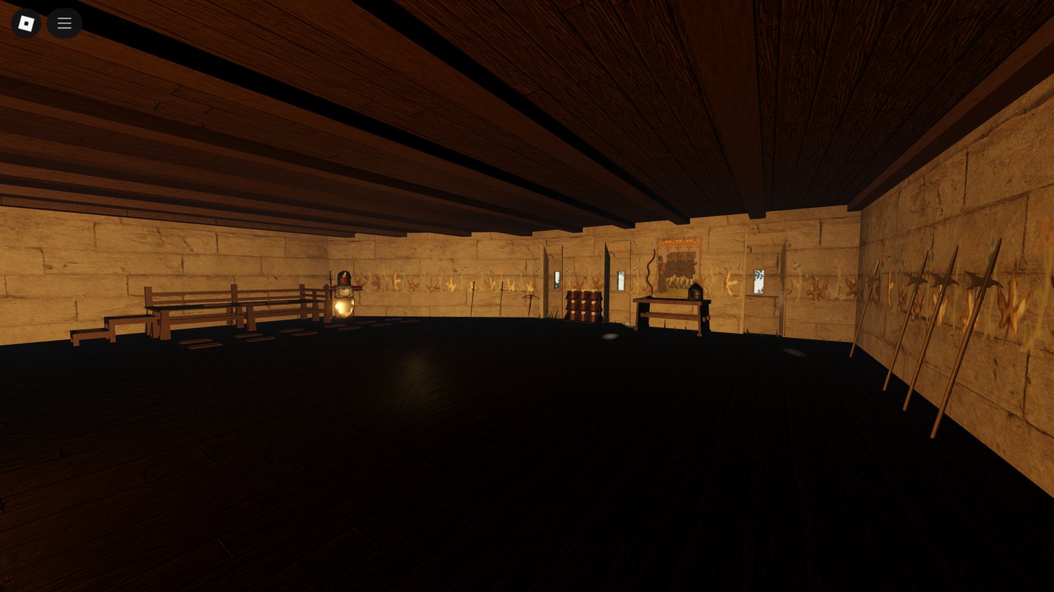 Detailed castle courtyard with stone walls in Roblox