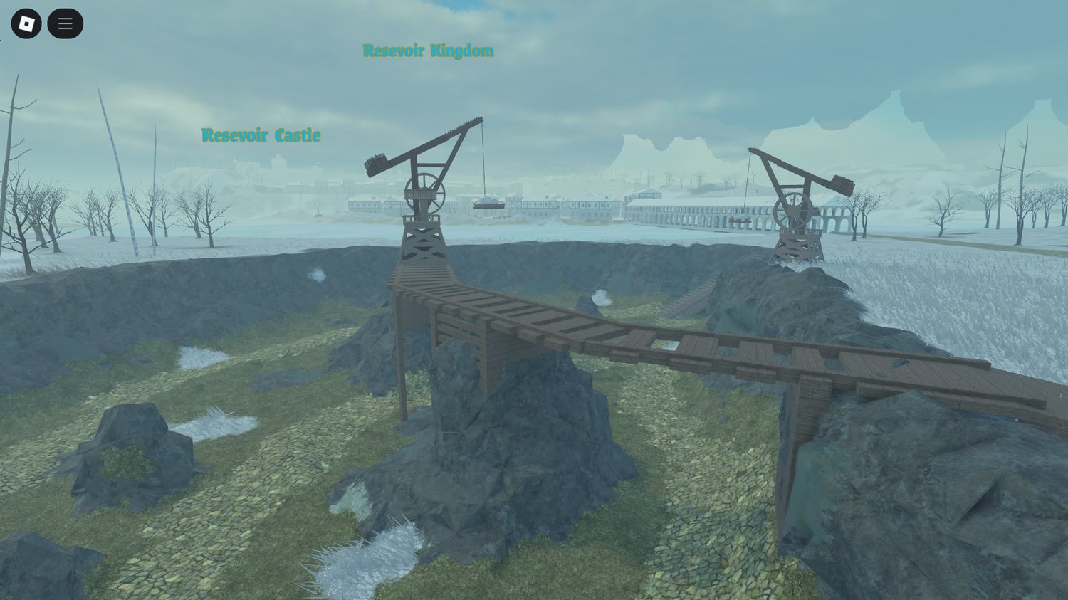 Winter forest and castle scenery in Roblox map