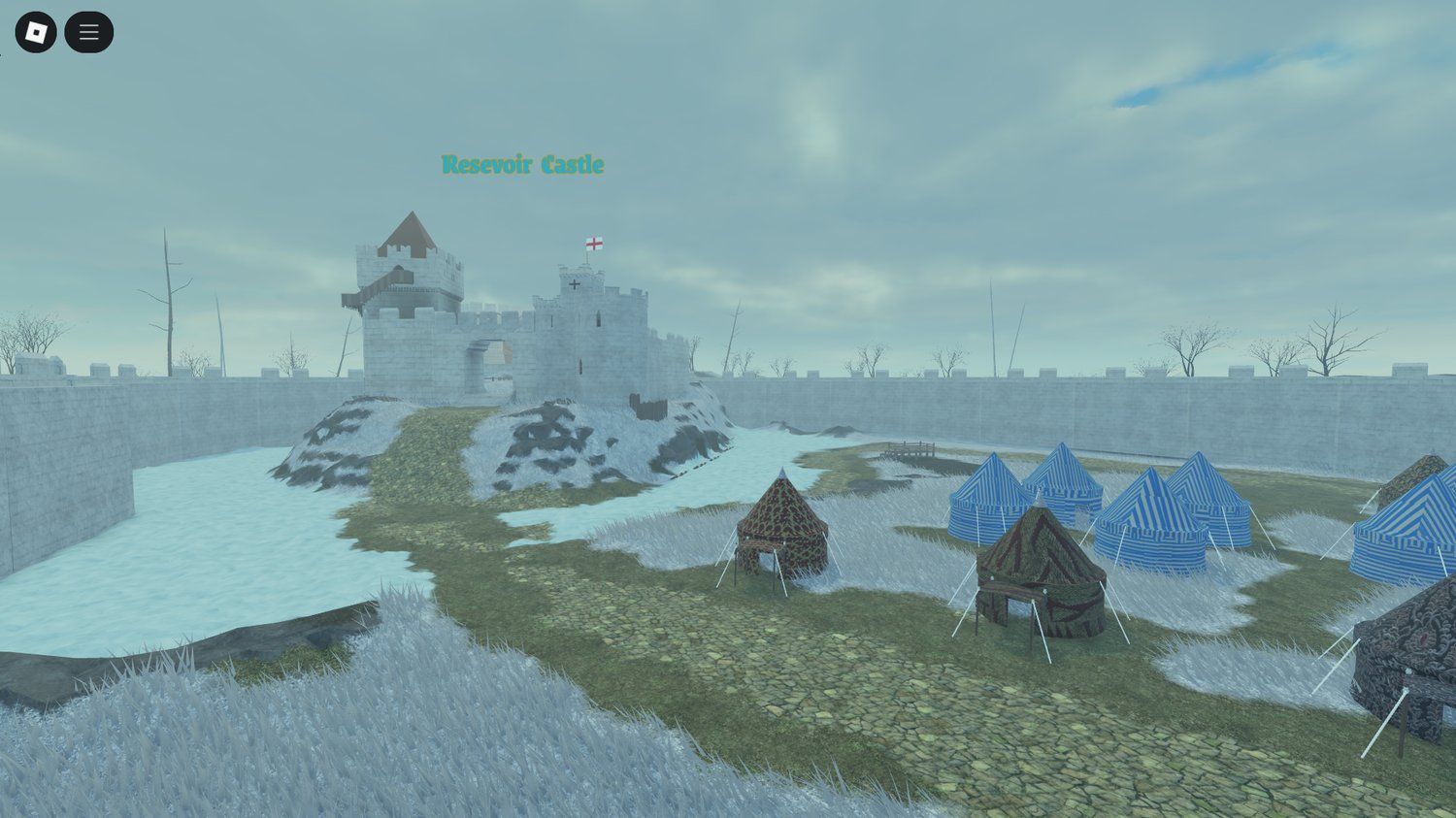 Expansive snowy world with castles and rivers in Roblox