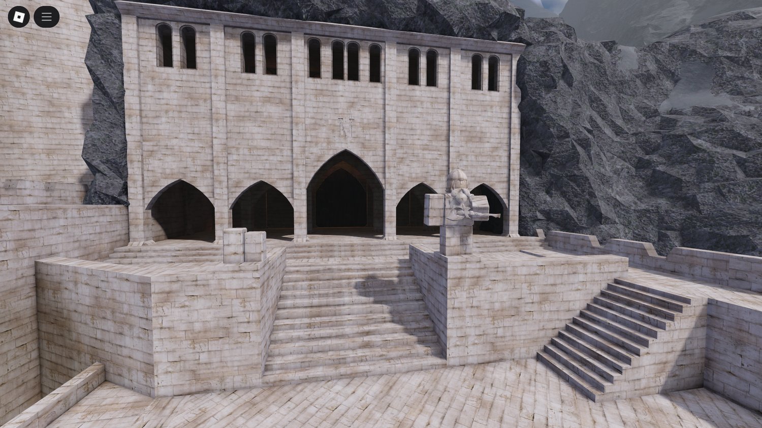 Detailed stone architecture in Helms Deep Roblox map