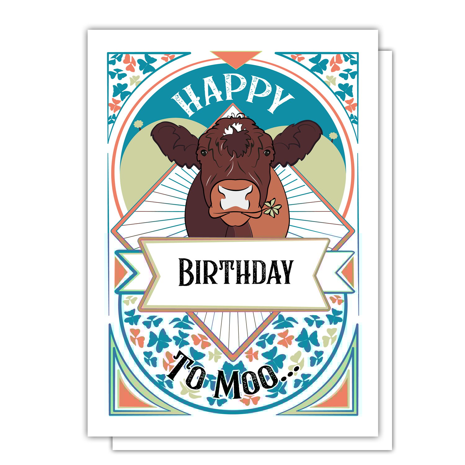 Funny cow birthday card with a playful “Happy Birthday To Moo” design