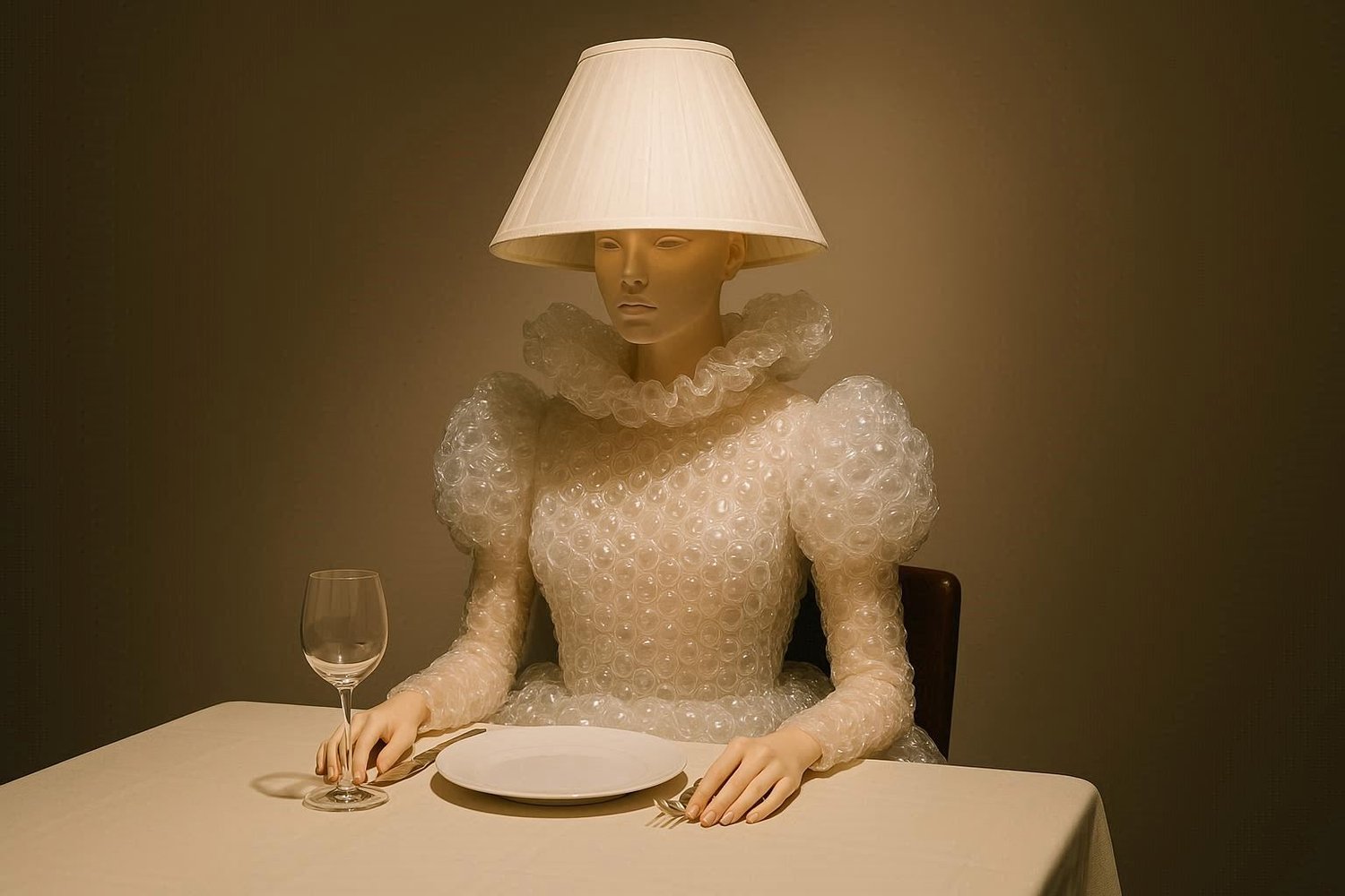 Conceptual art photograph of a mannequin seated alone at a minimalist dining table under warm gallery lighting, wearing a sculptural bubble-textured dress and a lampshade hat. The surreal scene symbolizes exclusion, consumption, and fashion as art—reflect
