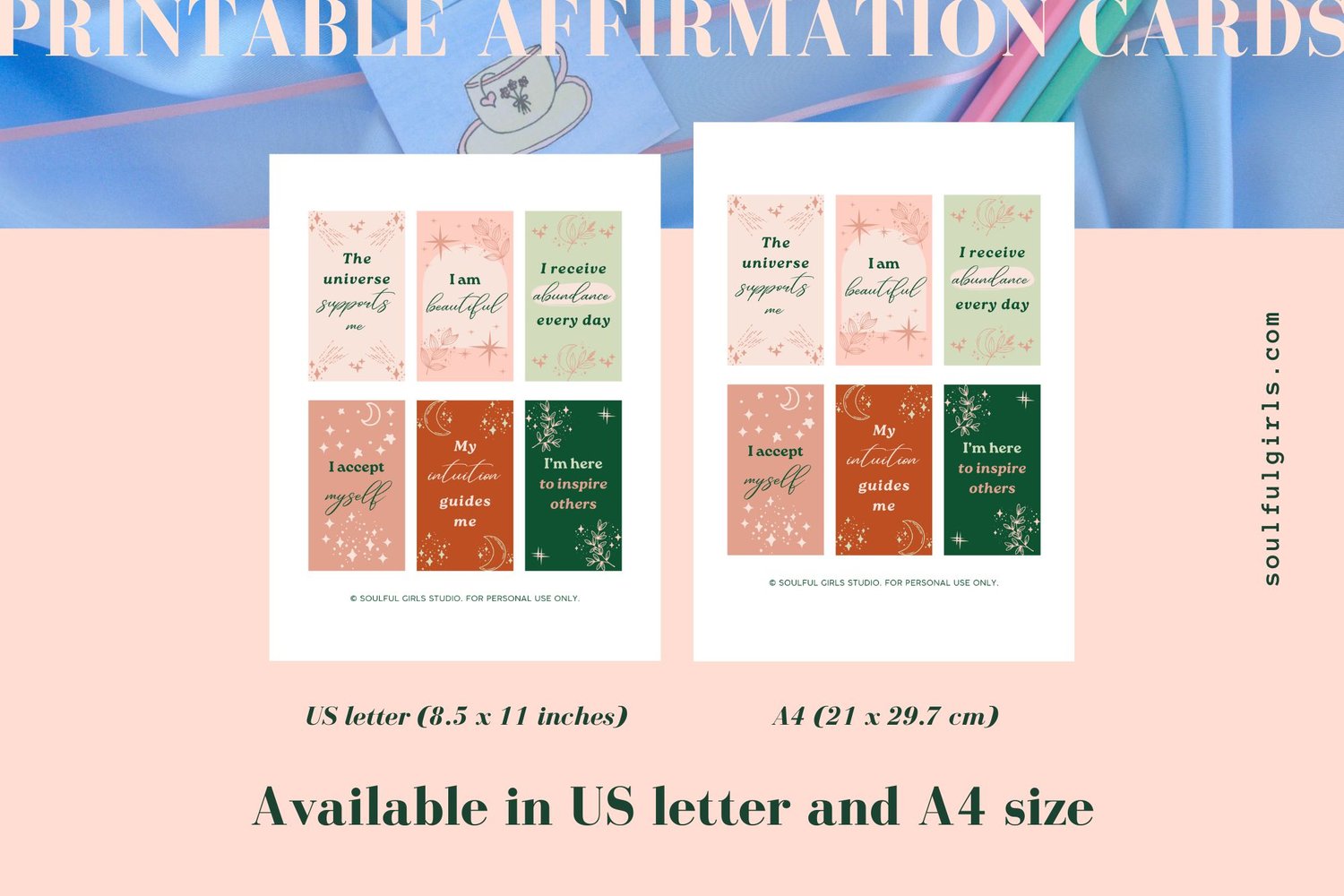 These printable affirmation cards with a boho style are available in US letter and A4 size.