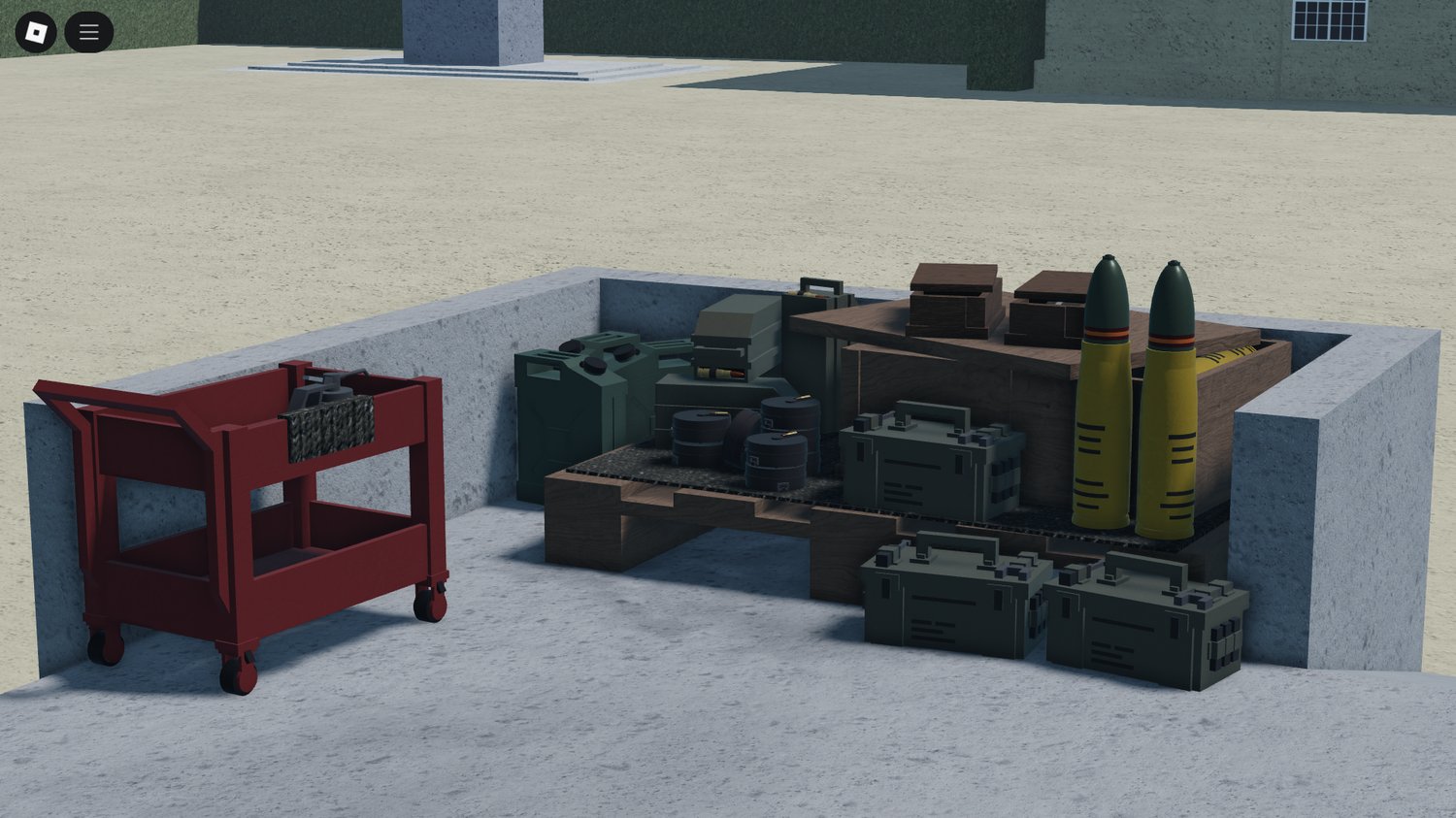 Roblox player driving heavy tank across war terrain