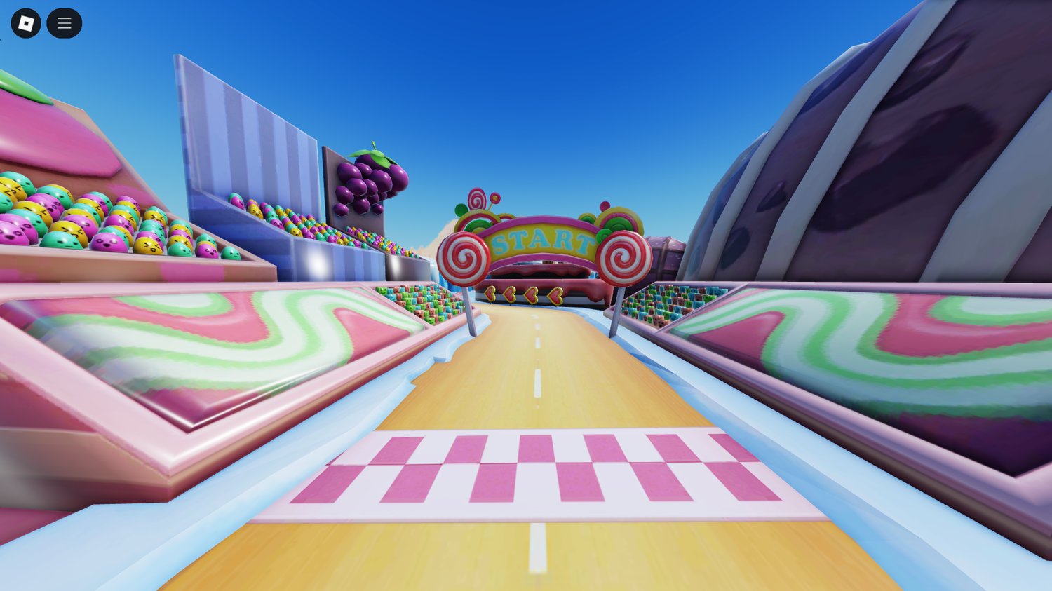 Roblox candy-themed racing track with colorful obstacles