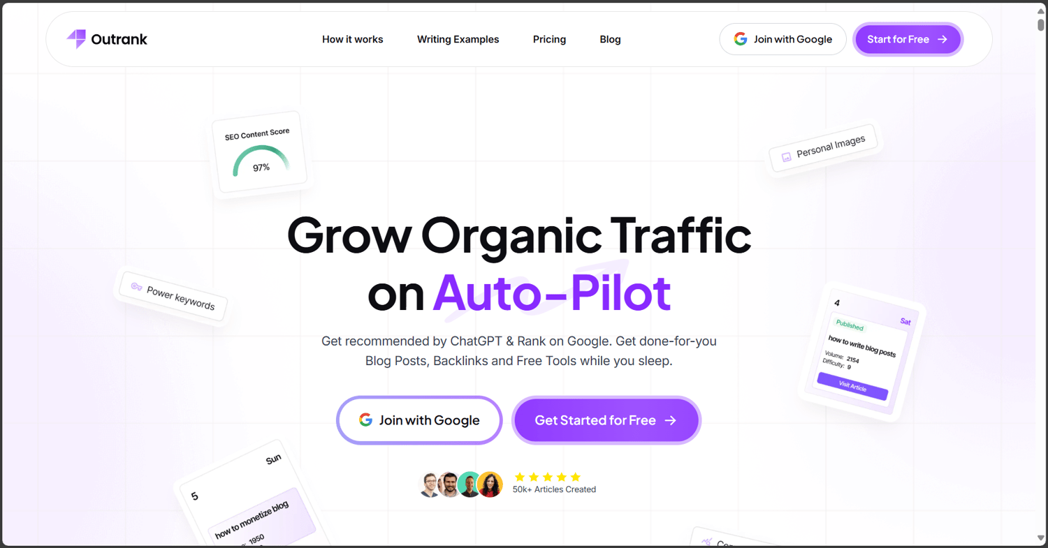 Outrank SEO tool homepage