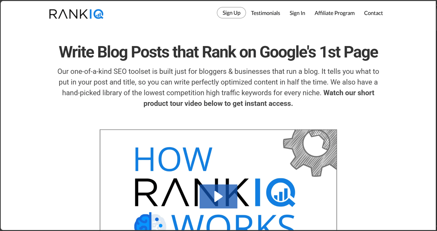 RankIQ easy SEO tool homepage