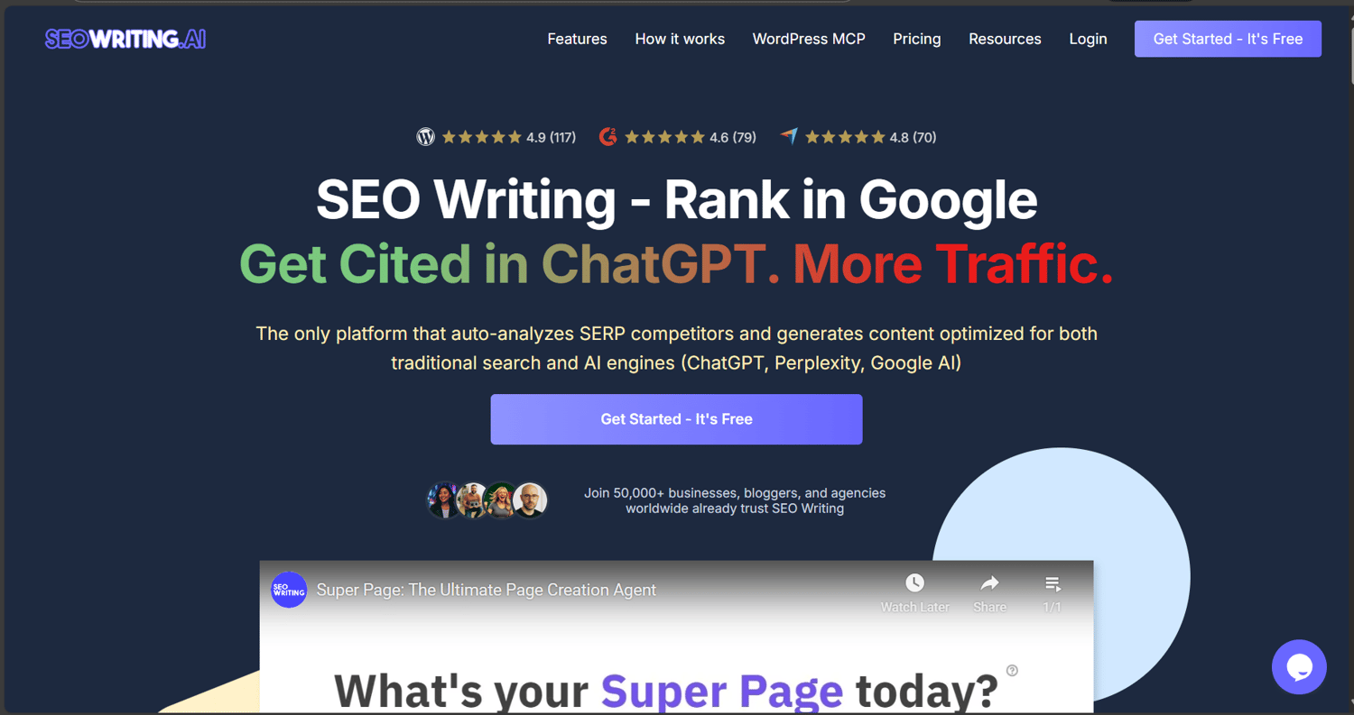 SEOWriting AI, great SEO assistant for business owner websie homepage