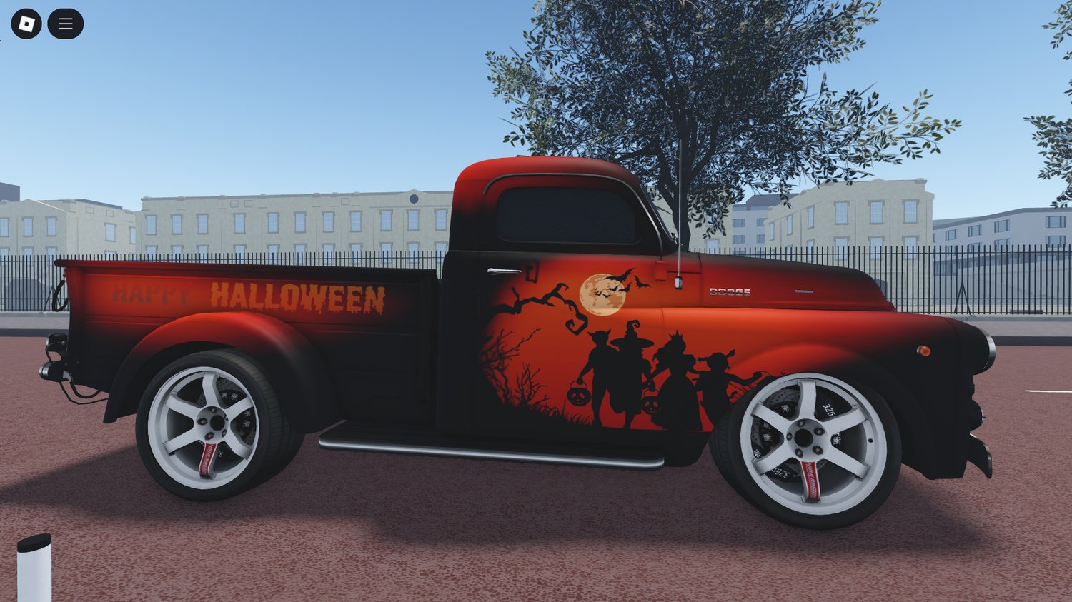 Classic truck parked in a haunted town environment