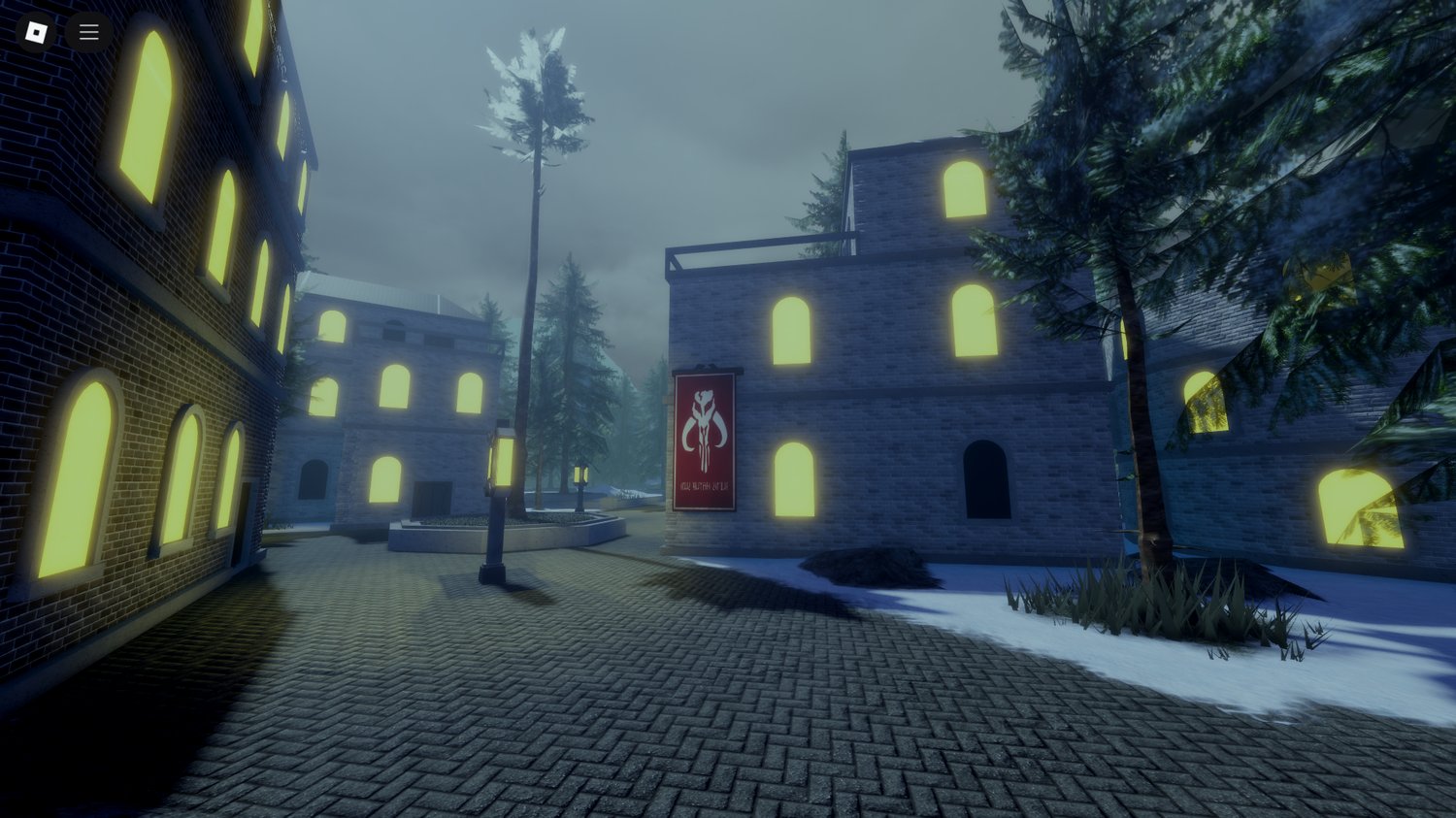 Overhead view of snowy fortress settlement terrain.