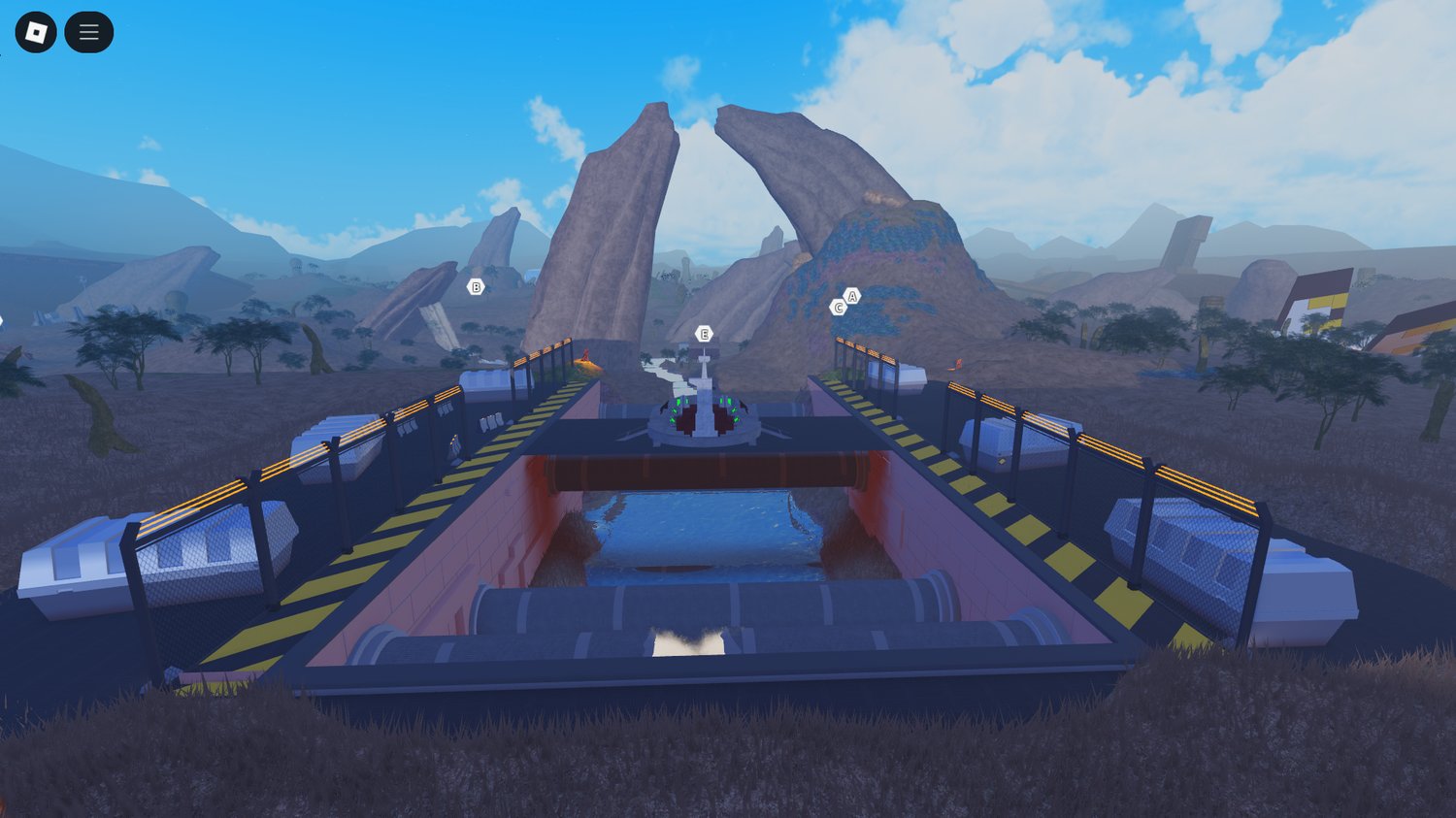 Twi’lek-inspired settlement buildings in a sci-fi Roblox map