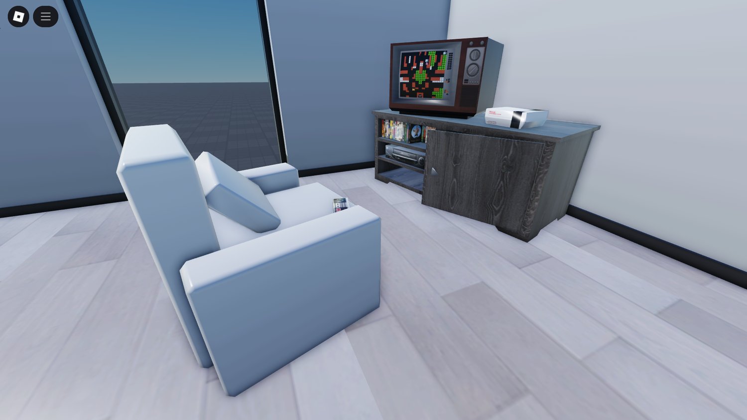 Open living and dining layout in luxury Roblox home