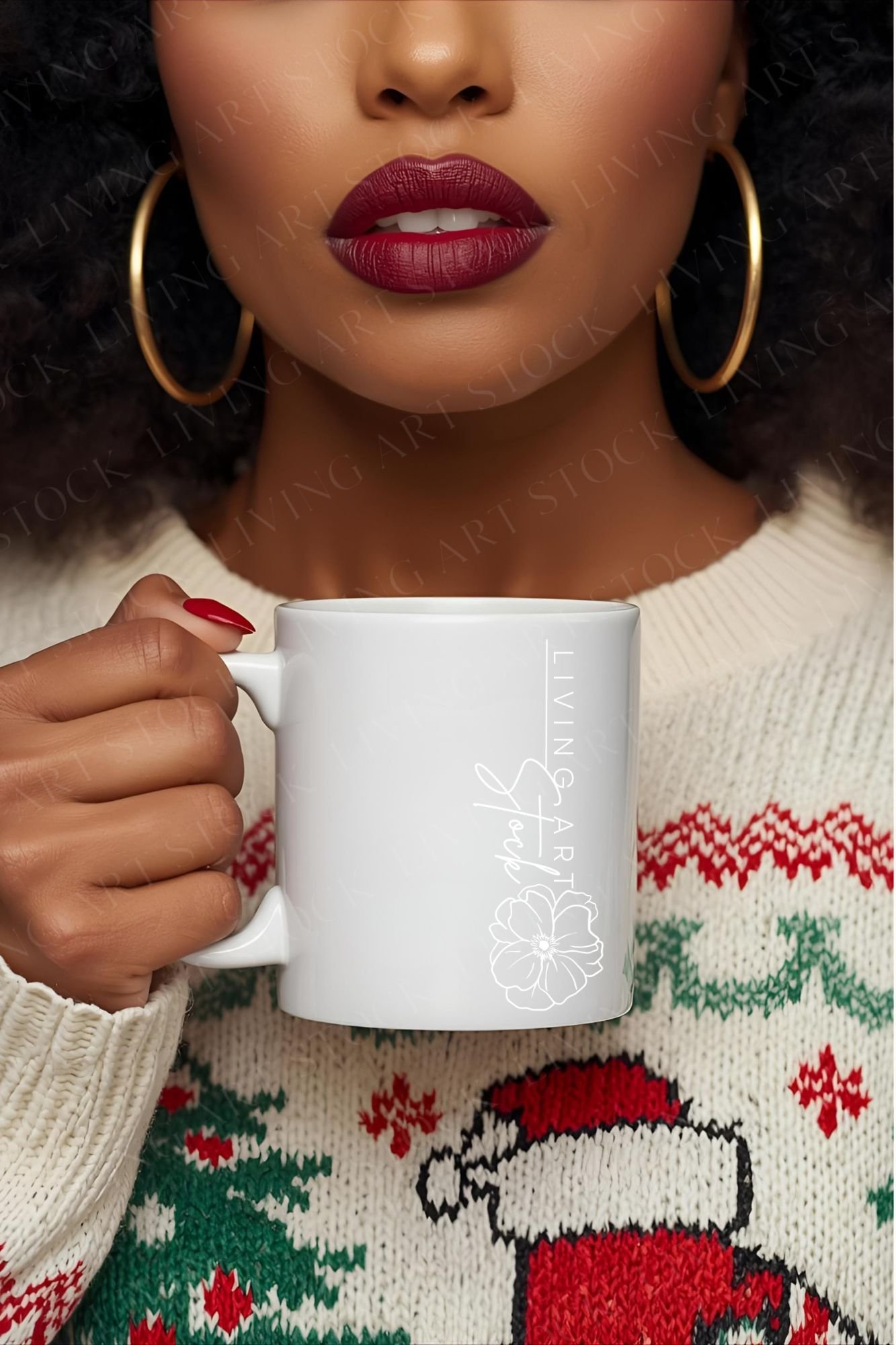 Christmas, holiday, festive, woman, female, mug, coffee, tea, portrait, close-up, glamorous, makeup, dark red lipstick, burgundy, matte lipstick, fair isle, sweater, cream sweater, knitwear, cozy, warm, winter, jewelry, gold hoop earrings, celebration, wi