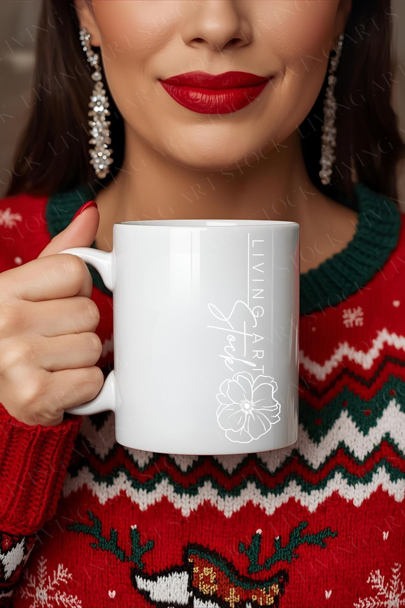 A tight, centered close-up shot of a woman holding a blank white coffee or tea mug in front of a vibrant red Christmas sweater with a green and white fair isle pattern. The focus is on the mug, which is perfect for a product mockup, and the woman's festiv