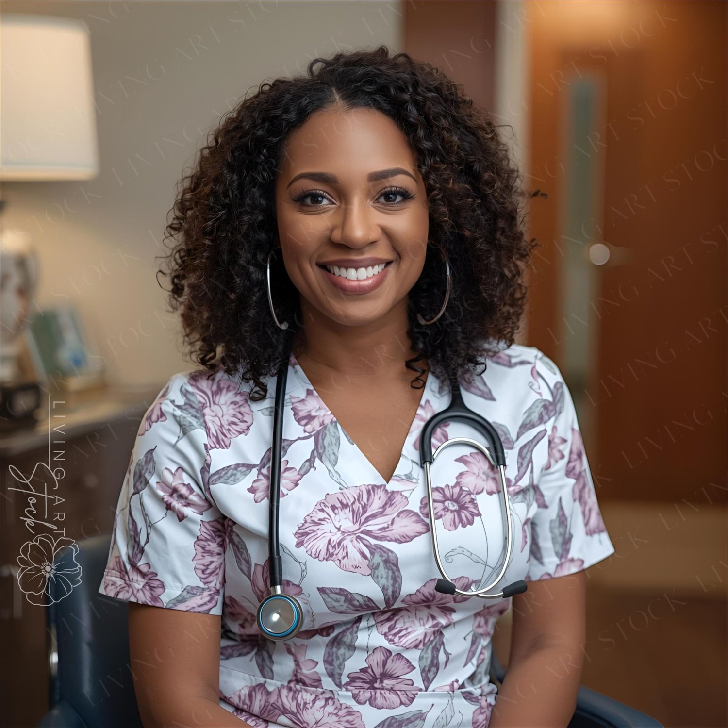 A bright, professional portrait of an attractive Black woman who is a nurse or healthcare worker, seated in a consultation room. She is wearing a distinctive white scrub top featuring a soft mauve and purple floral pattern. A stethoscope is draped around 