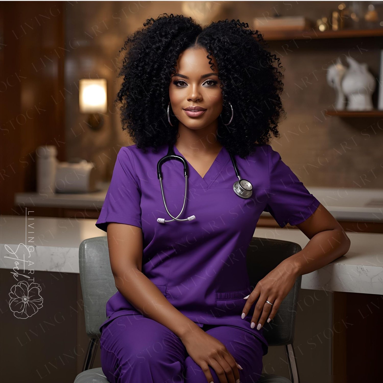 A striking, professional portrait of a confident Black woman who is a nurse or doctor, seated in a modern office or consultation area. She is wearing vibrant purple scrubs and has a stethoscope draped around her neck. She has voluminous, dark, natural cur