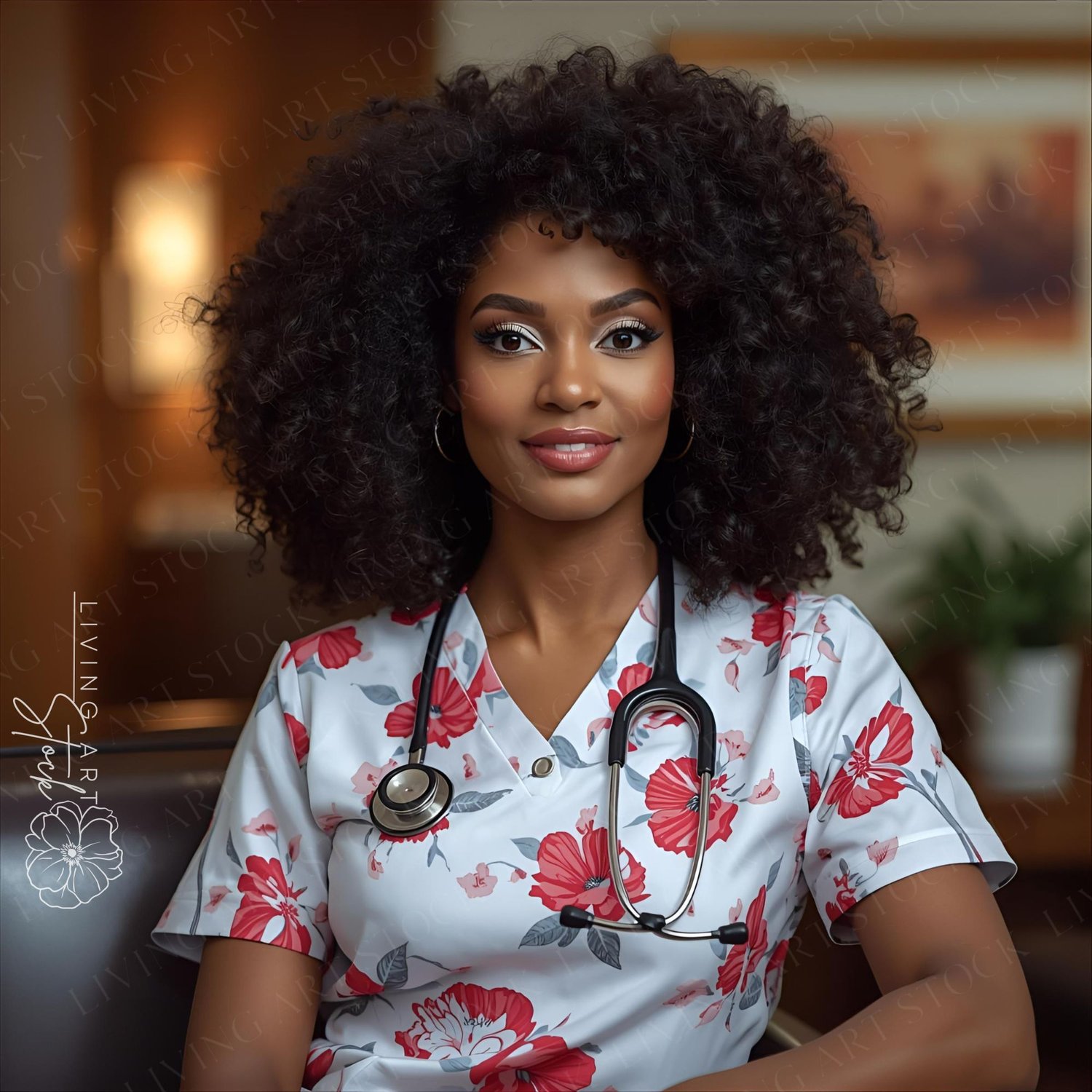 A bright and engaging portrait of an attractive Black woman who appears to be a nurse or healthcare worker. She is wearing a distinctive white scrub top featuring a vibrant red and pink floral pattern. A stethoscope is draped around her neck. She has volu