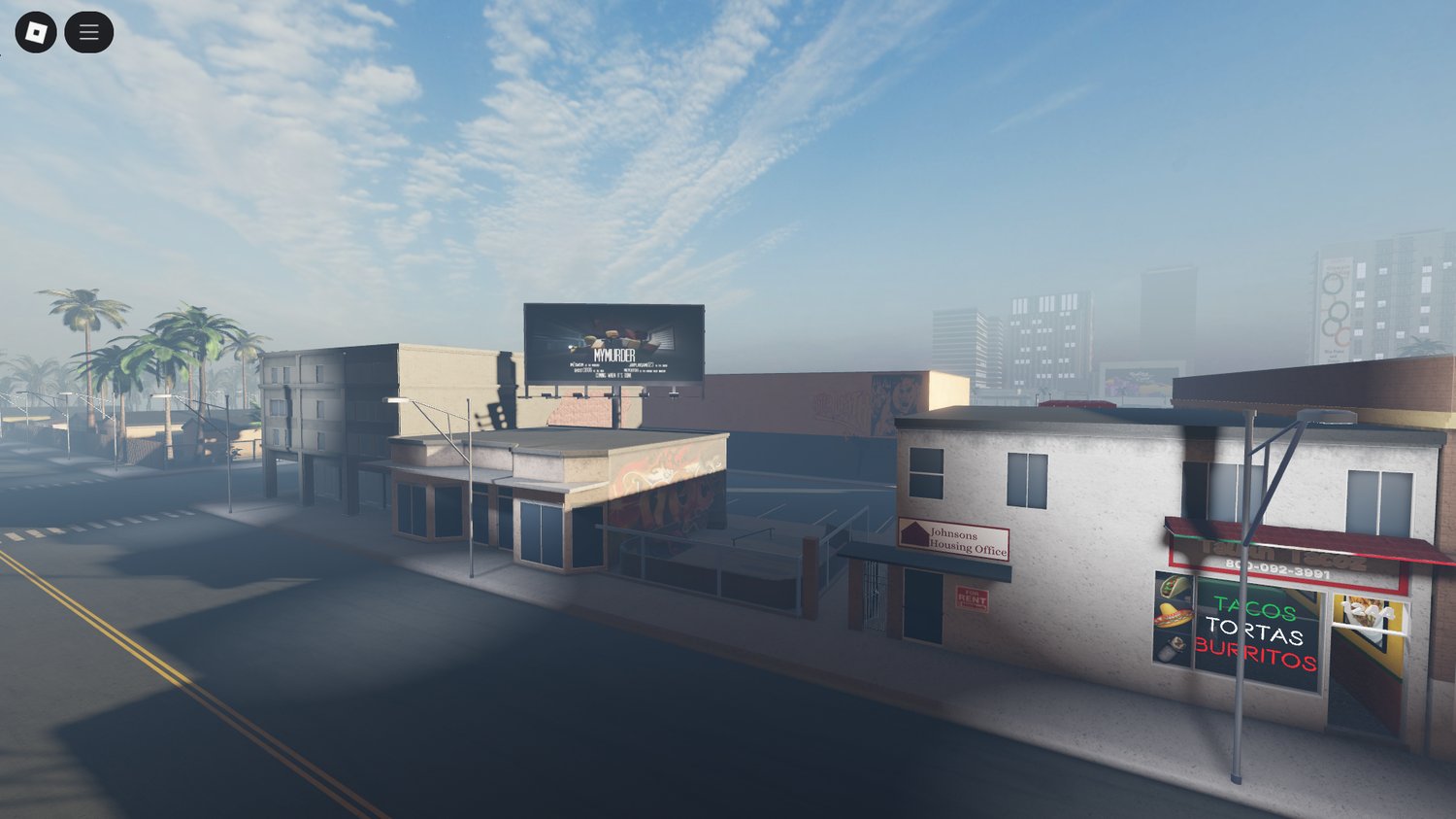 Commercial buildings and streets in Florida Roblox map