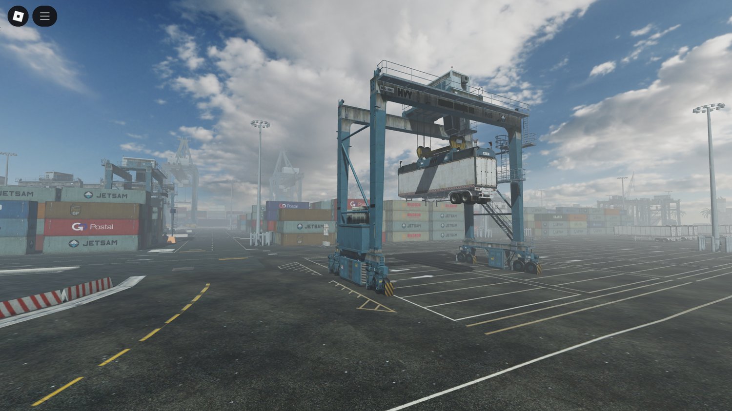 Harbor warehouses and piers in Roblox
