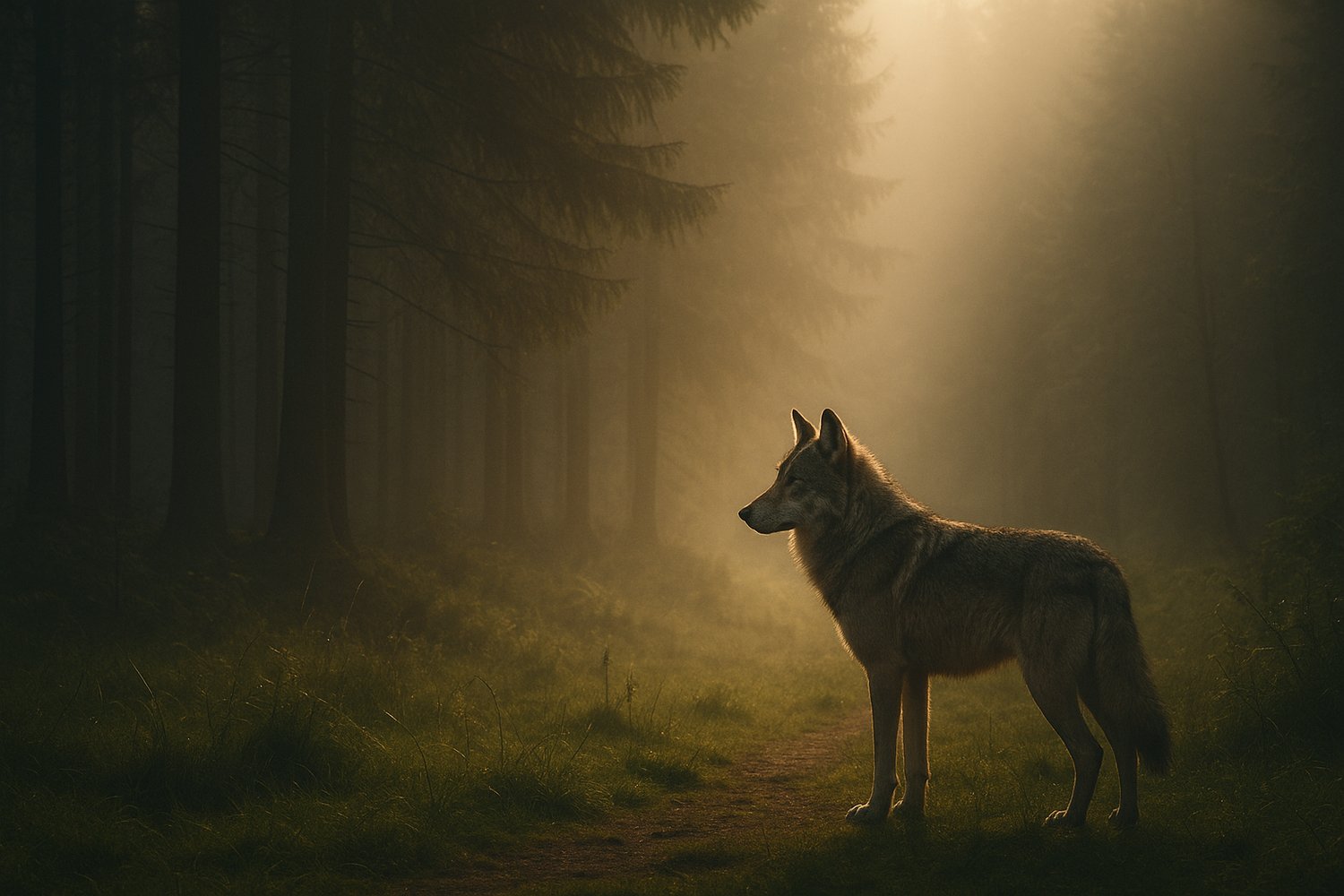 A lone wolf standing at the forest’s edge as morning light filters through the mist, symbolizing independence and trusting your instincts.