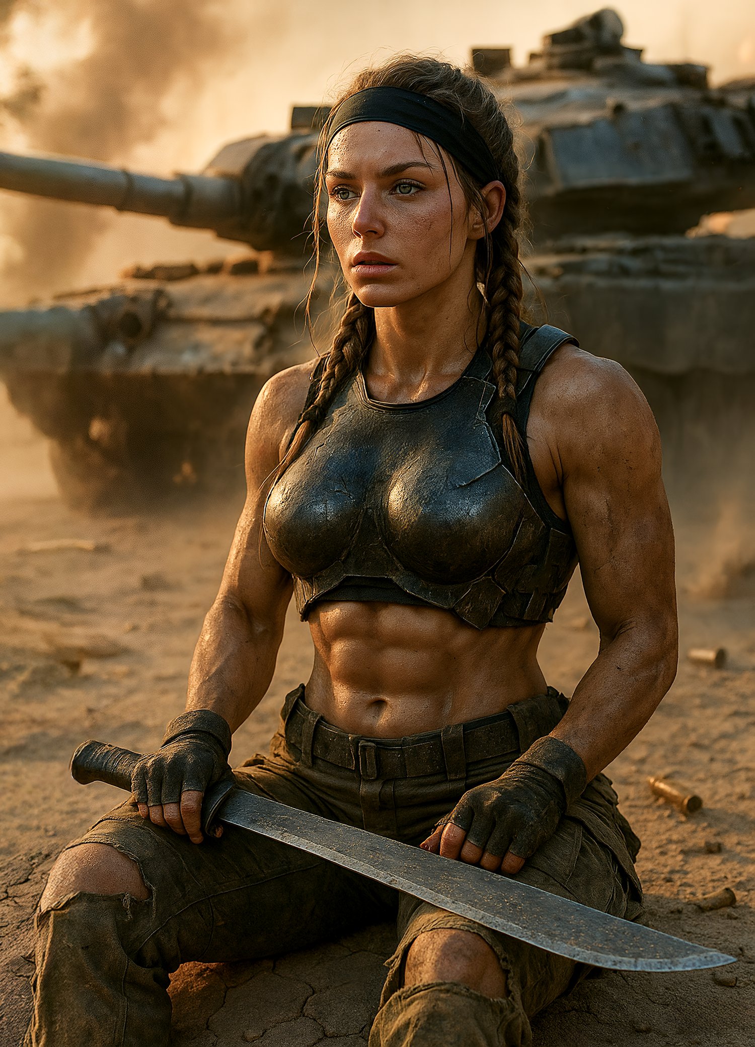 Post-apocalyptic warrior woman holding a large sword, muscular and battle-scarred, sitting in a destroyed cityscape under golden light.