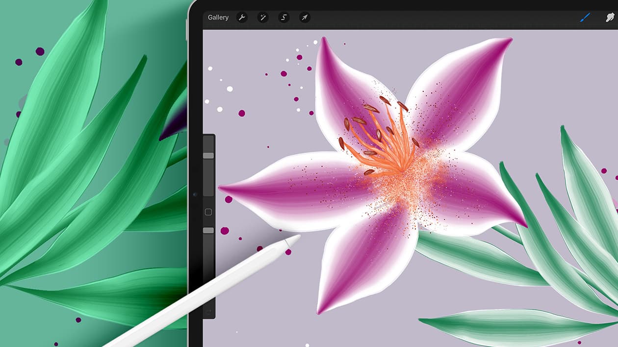 a pink lily with green leaves made with dual color one stroke digital art brushes for procreate