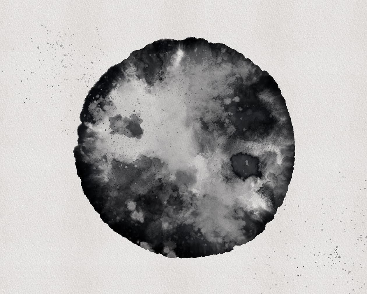 A digital watercolor painting of a black and gray moon done in the procreate app with watercolor brushes