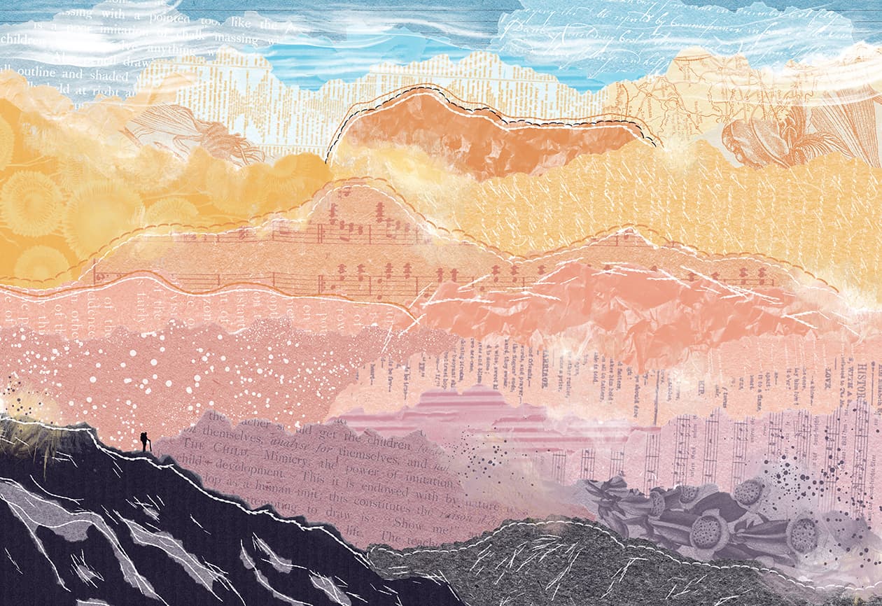 A digital collage landscape made with paper, paint, and ephemera in the Procreate app. A tiny figure stands on top of a mountain.
