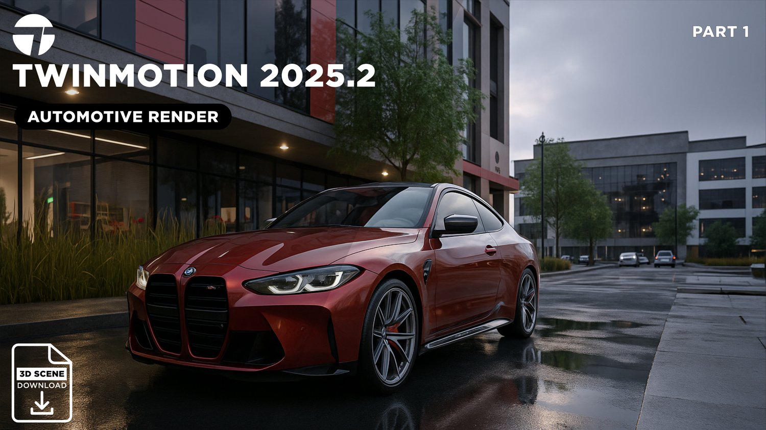 Photorealistic automotive render of a red BMW created in Twinmotion 2025.2 — tutorial by Render Reboot showing realistic lighting, reflections, and camera setup.