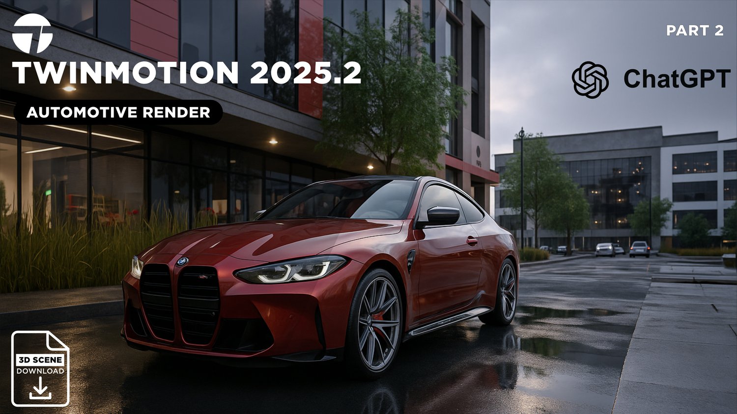 AI-enhanced automotive render in Twinmotion 2025.2 — tutorial by Render Reboot showing how ChatGPT improves lighting, reflections, and realism.