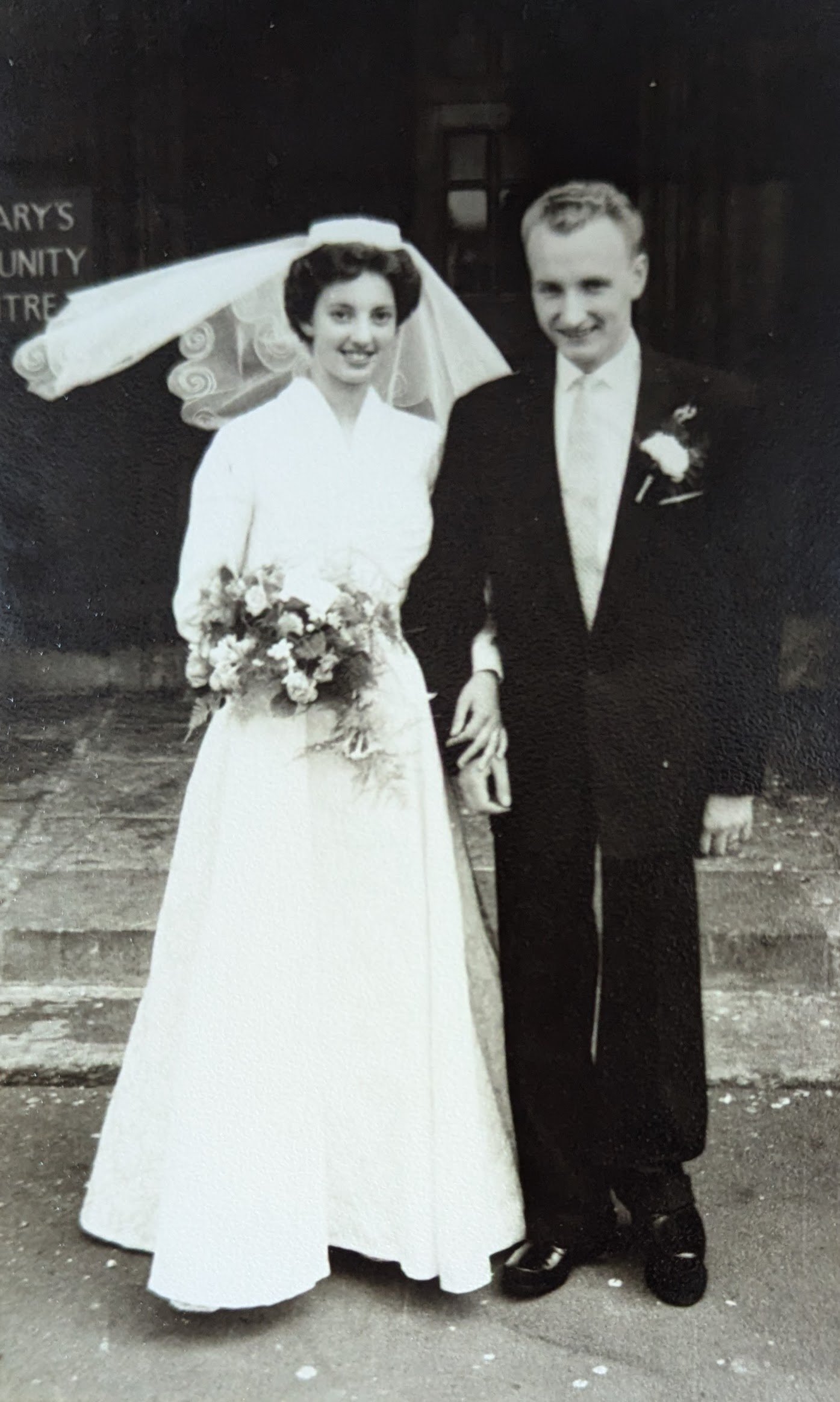 Harry Drabble and Doreen née Parker, 19 July 1958, outside St Mary’s community centre, Bramall Lane.