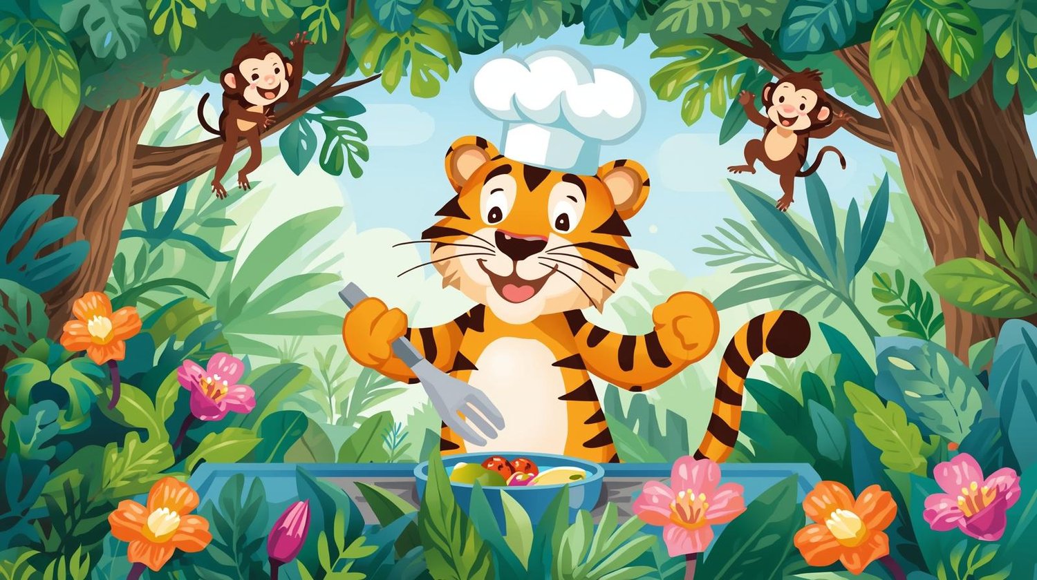 Whimsical cartoon 🐯 Tiger cooking in the jungle Coloring Page Hub