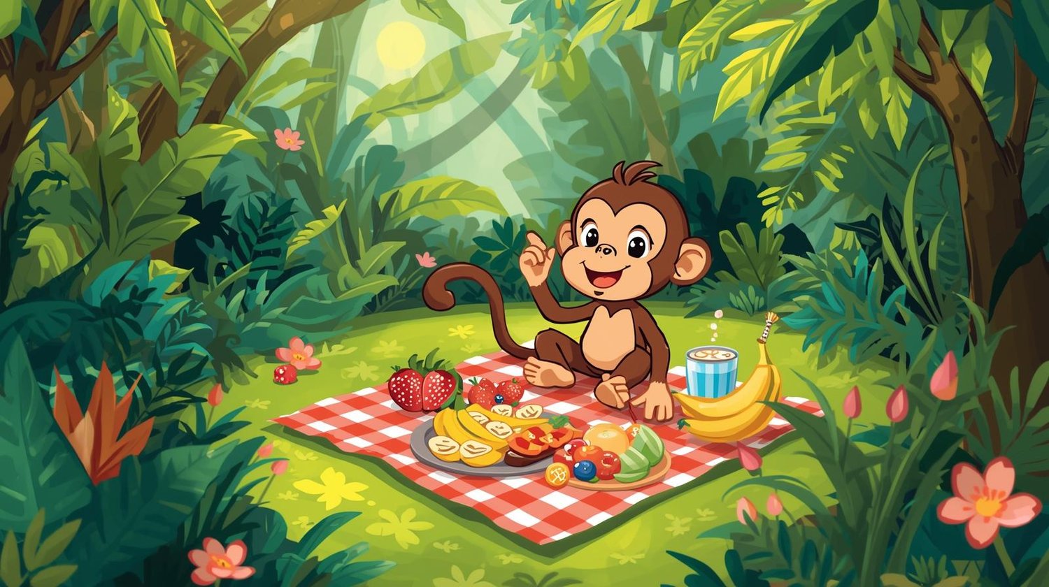 Whimsical cartoon  Monkey having a picnic in the jungle Coloring Page Hub
