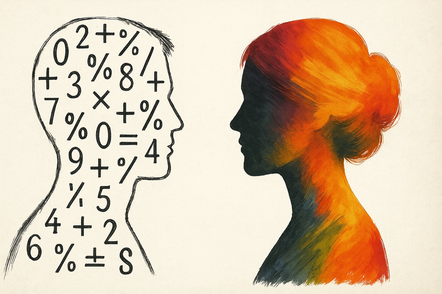 Conceptual digital artwork showing two facing human silhouettes against a neutral background—one male figure filled with black mathematical symbols and equations, the other female figure painted with vivid brushstrokes in orange, red, and yellow—symbolizi