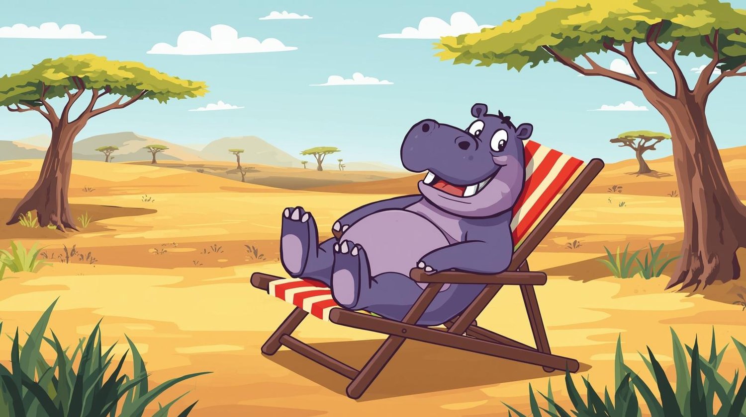 Whimsical cartoon a 🦛 Hippo lying on a deck chair in the safari coloring Page Hub