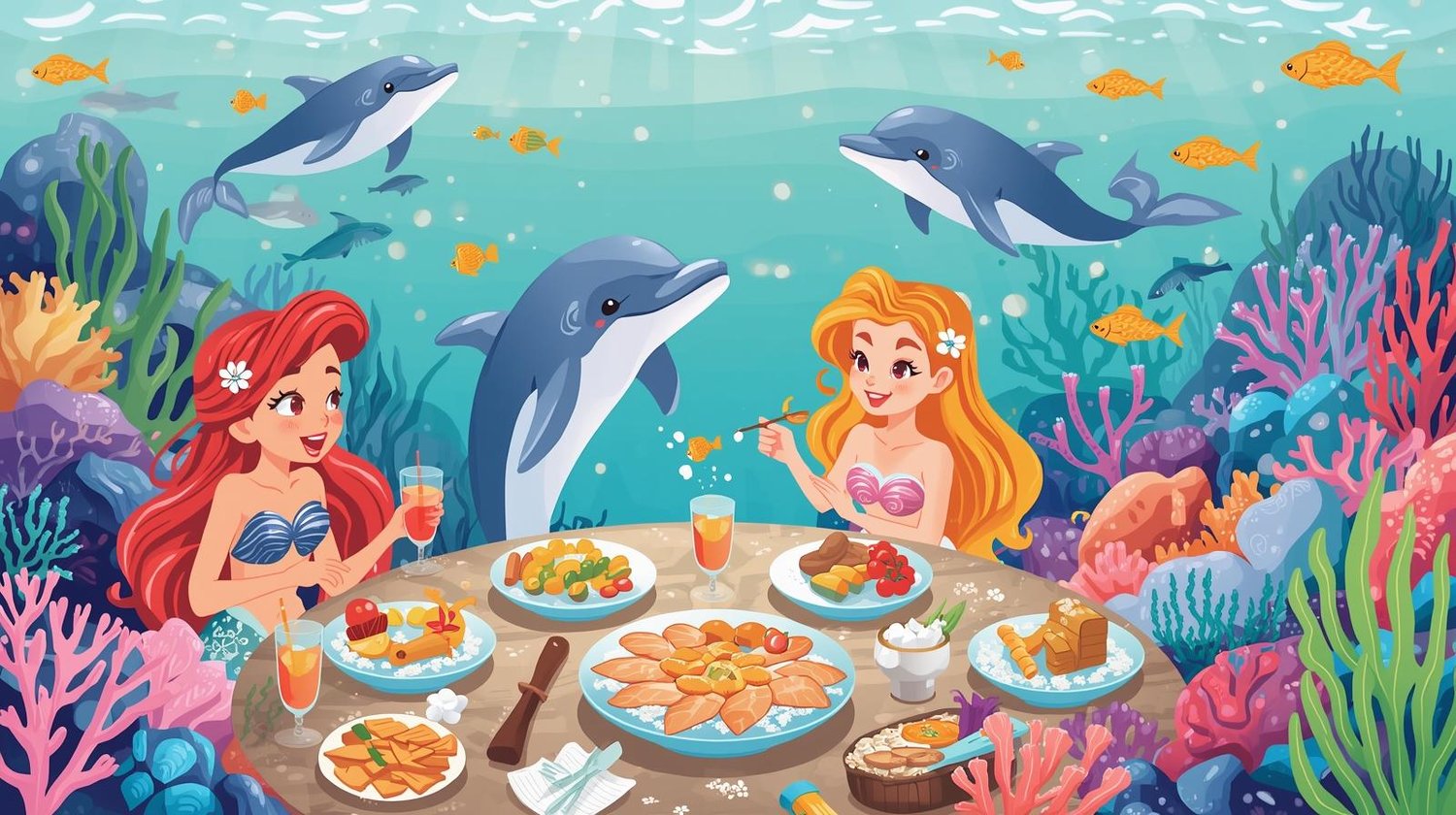 Whimsical mermaids & Ocean Friends having a tea party