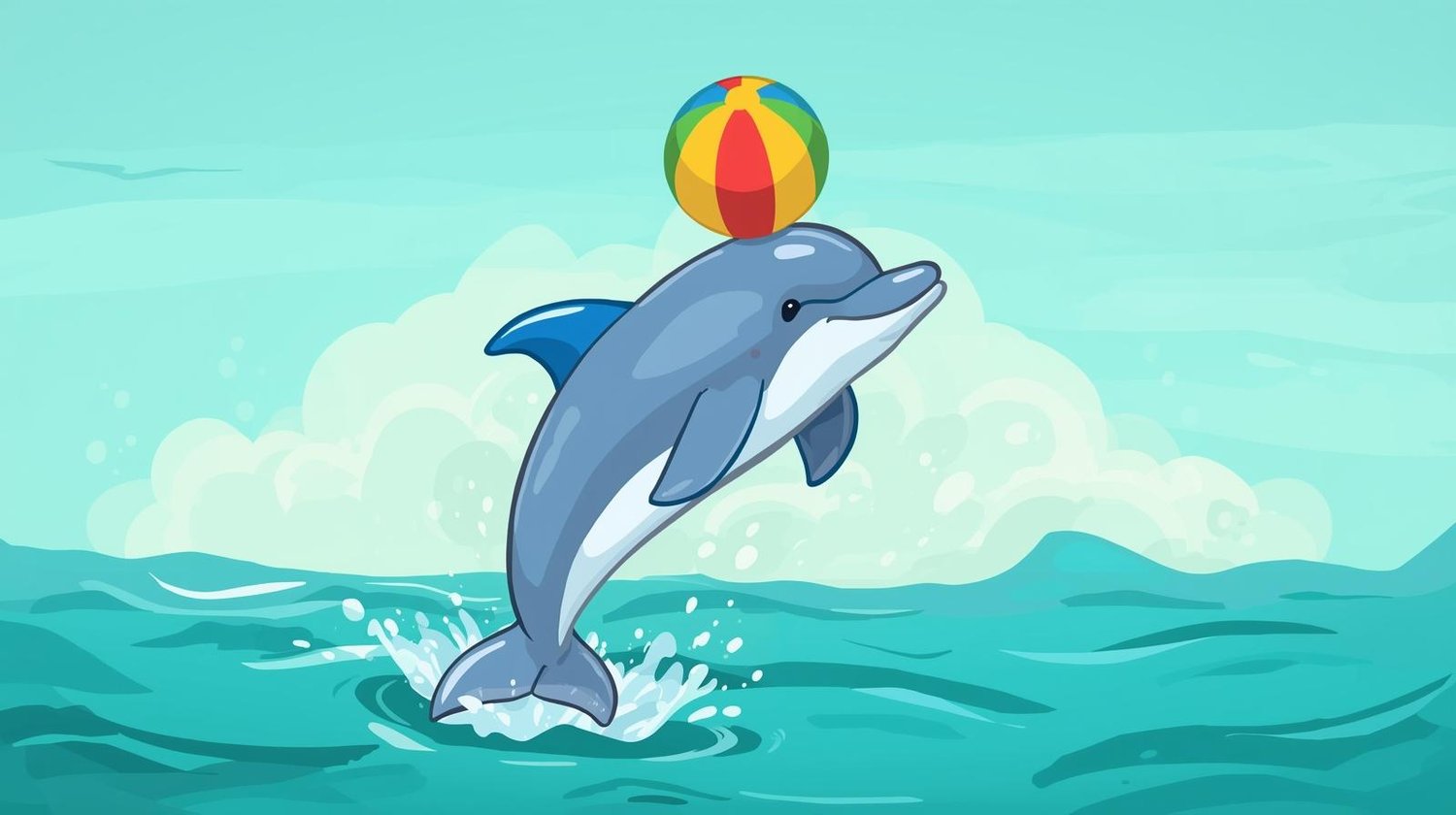 A whimsical dolphin playing in the  ocean with a ball