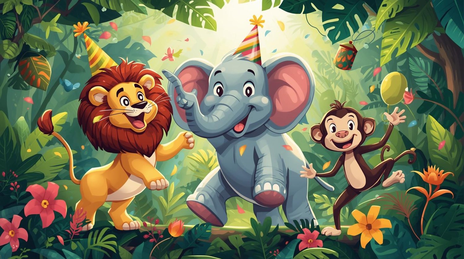 Whimsical cartoon lion, elephant and monkey having a jungle party image for Jungle Coloring Page Hub