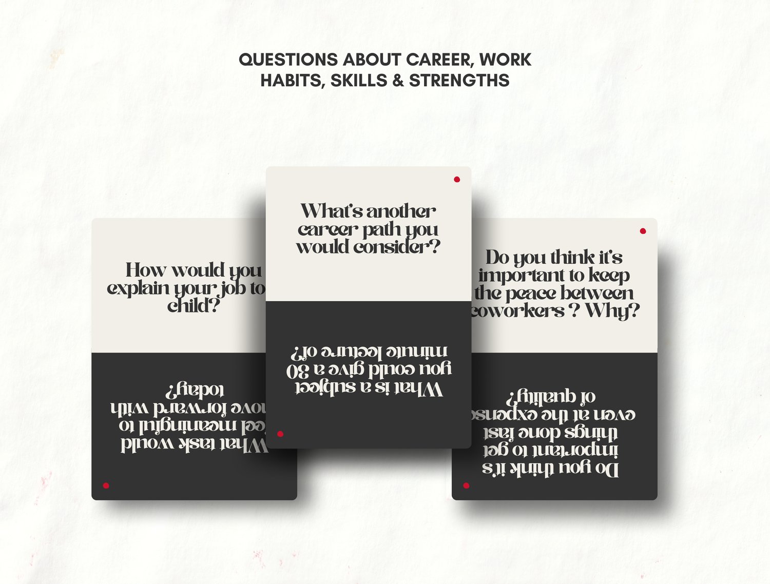 The Work Reflection Deck includes questions about career, work habits, skills & strengths