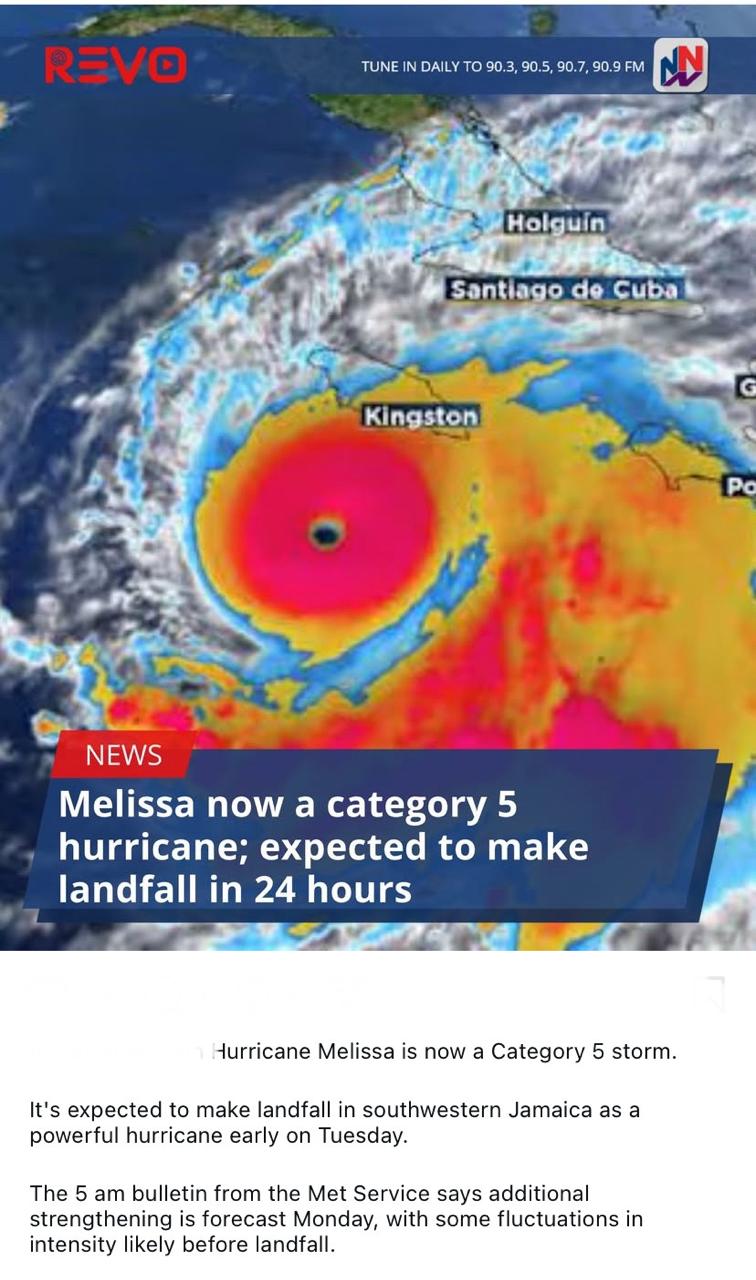 Satellite weather alert showing Hurricane Melissa as a Category 5 storm near Kingston, Jamaica, with forecast of landfall in southwestern Jamaica within 24 hours
