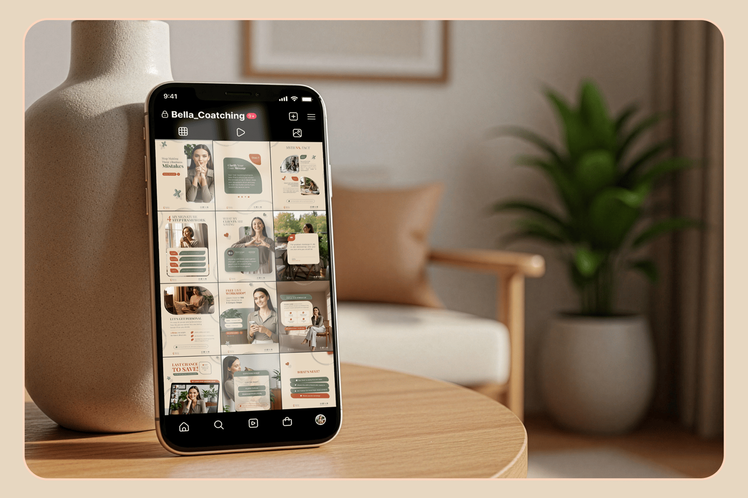 Mobile phone mockup displaying a full Instagram profile grid using the Authority Kit templates. Shows a cohesive and elegant feed for a Life Coach.