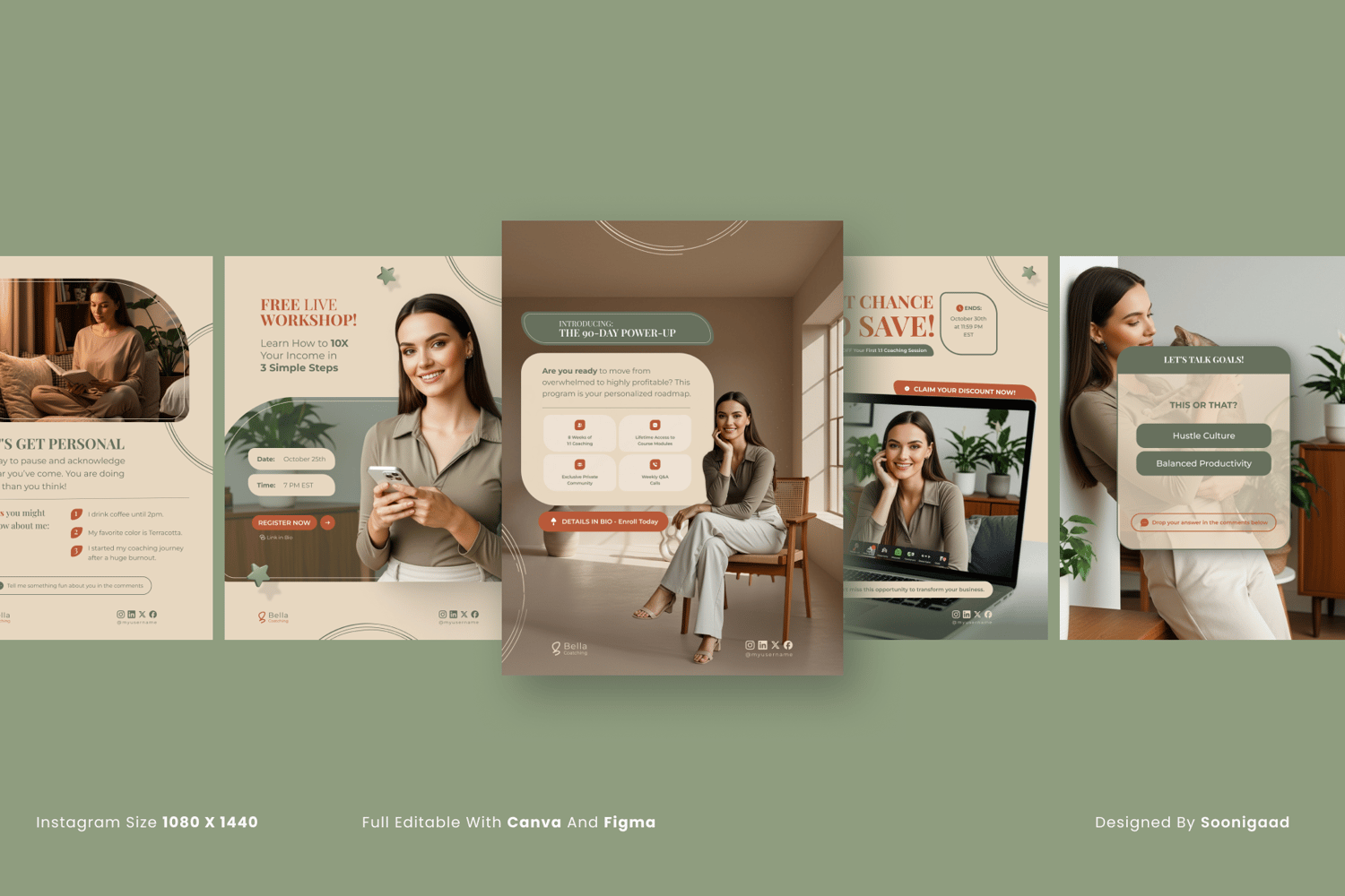 Preview showing three square Instagram Post templates from The Authority Kit. Features the Carousel CTA, the Step 1 content slide, and the Myth vs. Fact template, all in elegant earth-tone design.