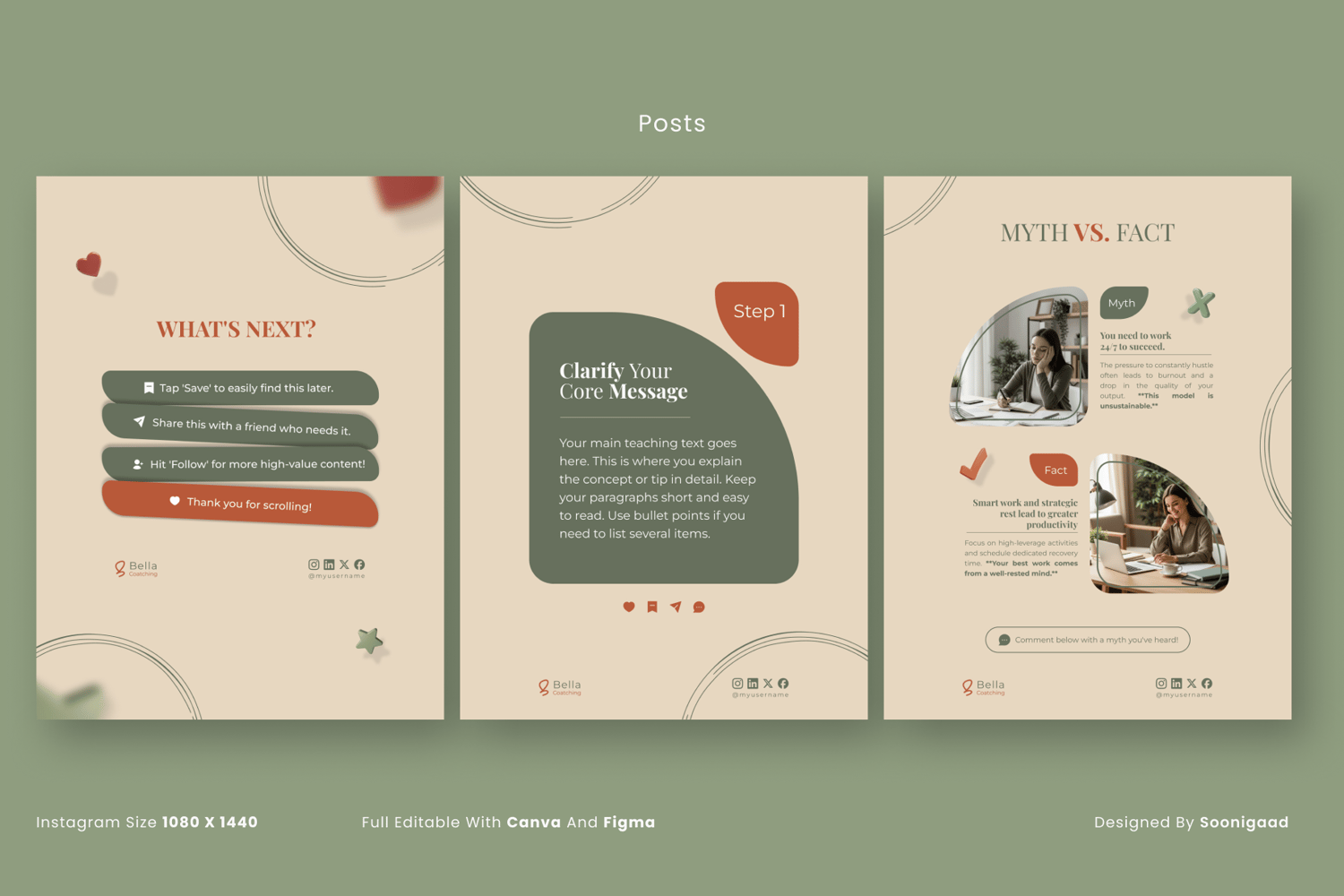 Preview showing three square Instagram Post templates from The Authority Kit. Features the Carousel CTA, the Step 1 content slide, and the Myth vs. Fact template, all in elegant earth-tone design.
