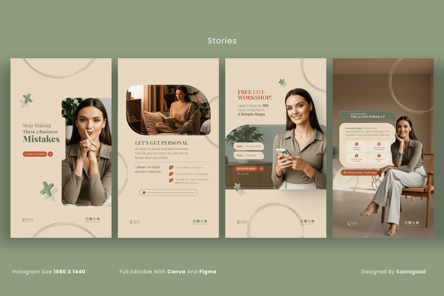 Preview image displaying four elegant Instagram Story templates for Coaches. The vertical templates show a carousel cover, About Me section, free workshop announcement, and a program feature, all compatible with Canva and Figma.