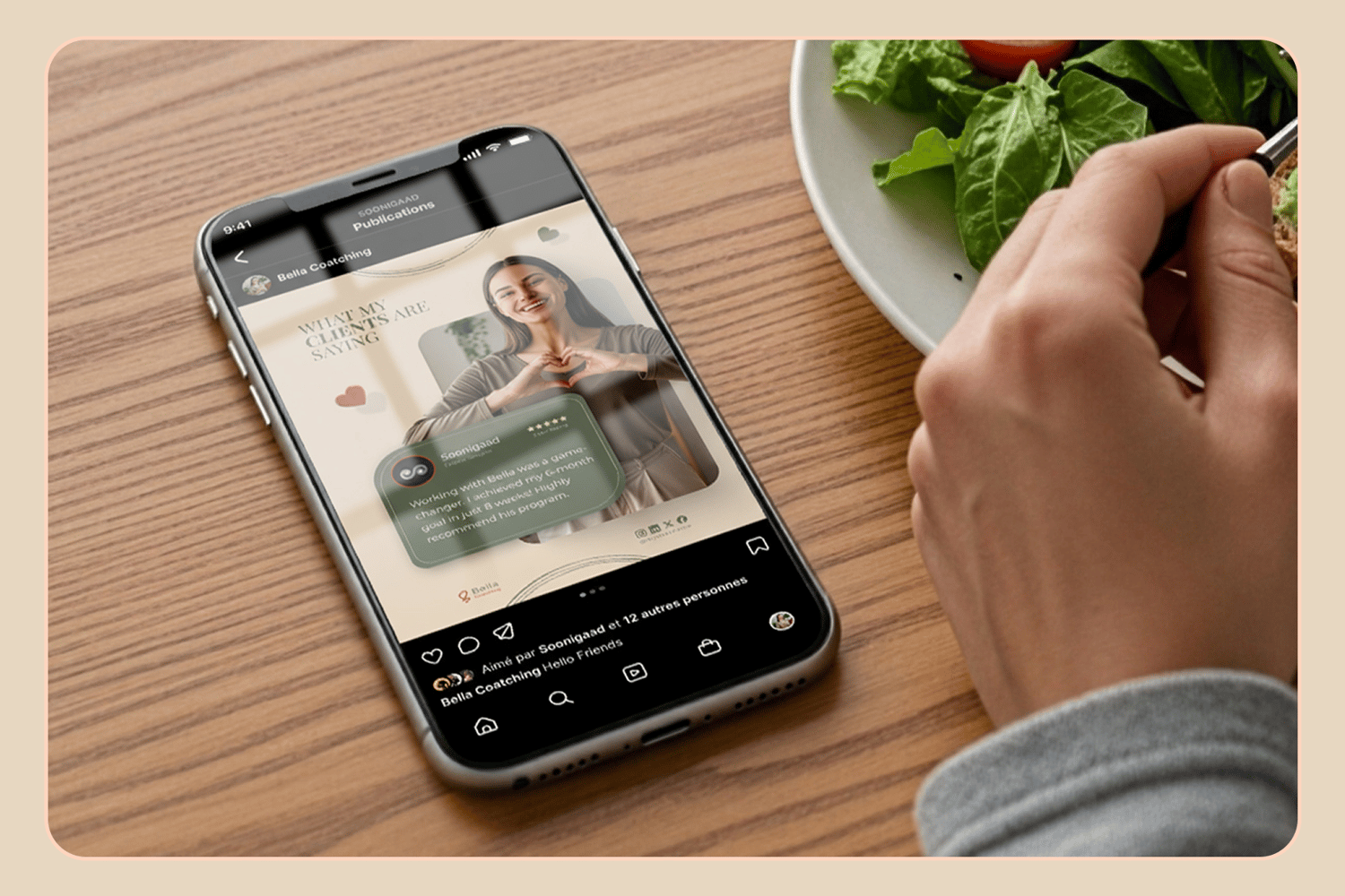 Mobile phone mockup displaying an elegant testimonial template from "The Authority Kit" on Instagram. The template features a clients review, 4-star rating, and coachs image, all in earth tones.