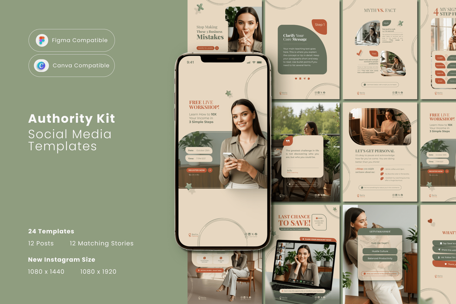 Main preview image for "The Authority Kit". Displays 12 elegant, earth-toned social media templates for Canva and Figma. Features Instagram posts like carousels, testimonials, and webinar announcements, with Figma and Canva compatibility badges.